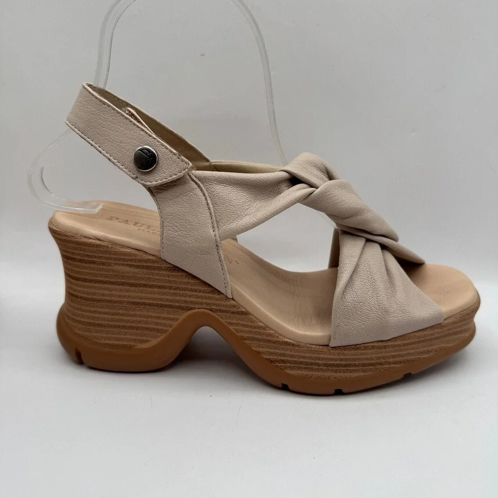 Paula Urban Leather Platform Wedge Sandals Womens 37 Beige Twisted‎ Slingback